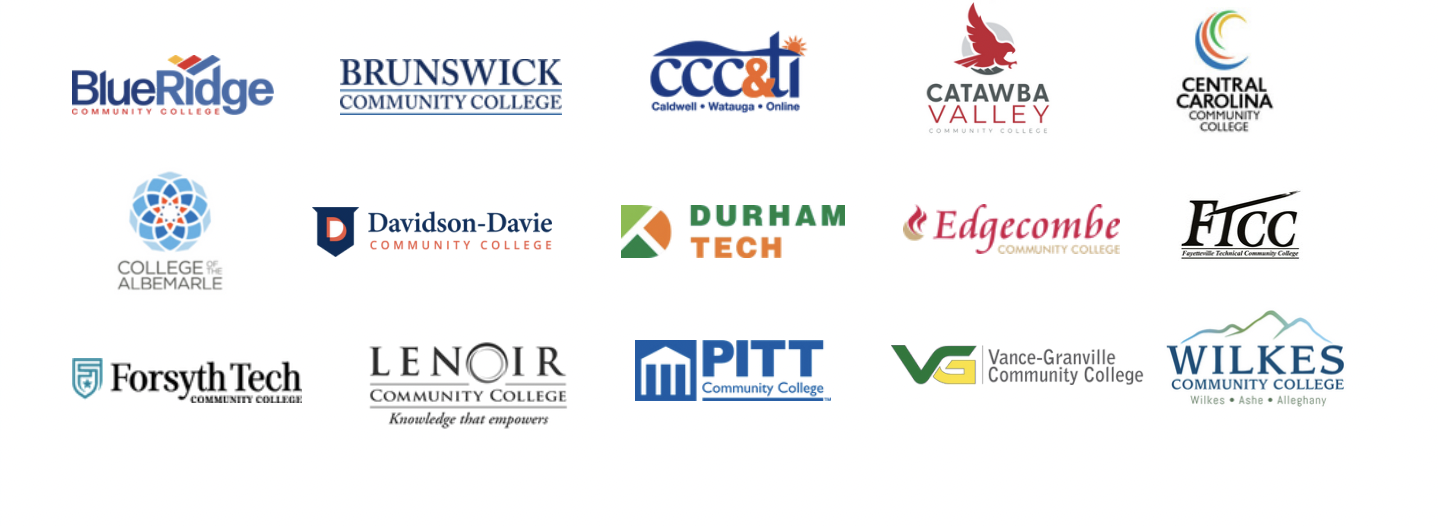 The logos of the 15 NC Reconnect Colleges. The colleges are: Blue Ridge Community College, Brunswick Community College, Caldwell Community College & Technical Institute, Catawba Valley Community College, Central Carolina Community College, College of the Albemarle, Davidson-Davie Community College, Durham Technical Community College, Edgecombe Community College, Fayetteville Technical Community College, Forsyth Technical Community College, Lenoir Community College, Pitt Community College, Vance-Granville Community College, and Wilkes Community College.