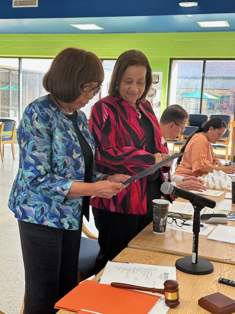 Robeson Community College Board of Trustees Meeting. RCC President Melissa Singler and Board Chair Shirley Stockton.